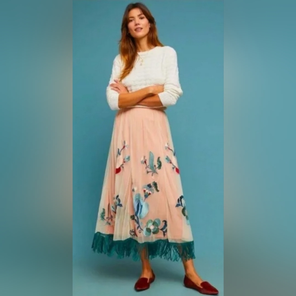 Anthropologie Akimi + Kim Peach Embroidered Tulle Maxi Skirt, NWT, Size 6